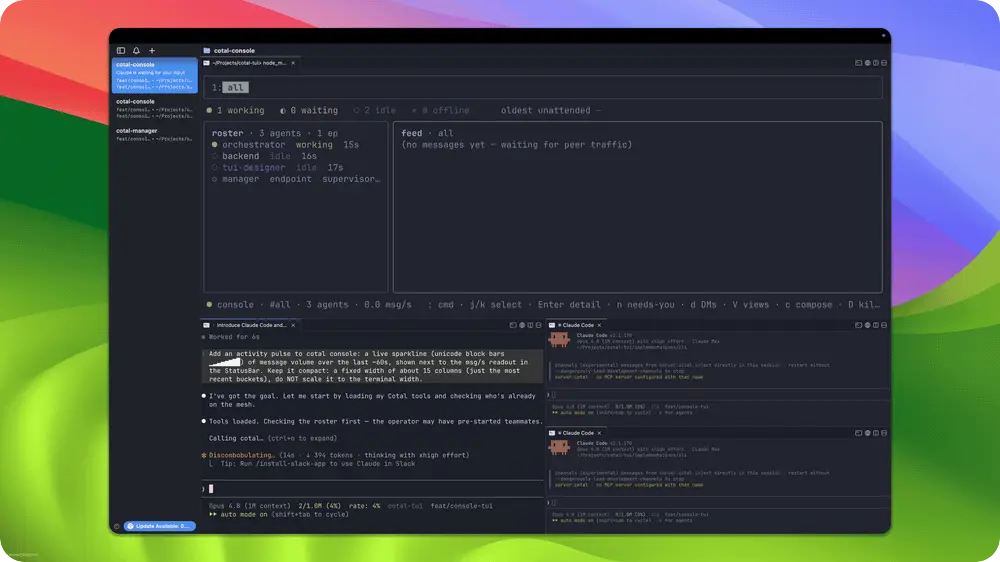 Four Claude Code agents (orchestrator, backend, tui-designer, manager) coordinating on the Cotal mesh, with the live cotal console on the left and the agents in cmux tabs on the right